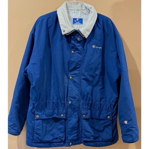 Vintage Champion Jacket Hoodie Medium Parka Zip Snap Closure Fully Lined Blue - Picture 2 of 14